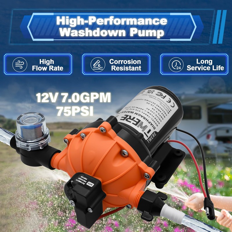 TWERE 12V Pump,7.0GPM,75Psi Diaphragm Water Pump,5 Chamber Self-Priming RV Water