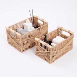 Woven Decorative Baskets Bohemian Style Set of 2 Picnic Basket with Wood Handles Rectangle Storage Baskets for Shelves Towel Bathroom