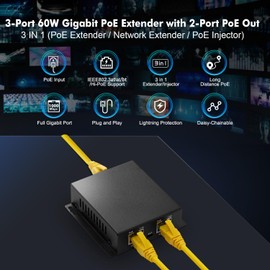 MokerLink 3 Ports Gigabit PoE Passthrough Switch, IEEE 802.3af/at/bt PoE Powered Max 60W, Hi-PoE 90W, 100/1000Mbps, 1 PoE in 2 PoE Out, Wall Mounted, PoE Extender/Injector/Network Extender