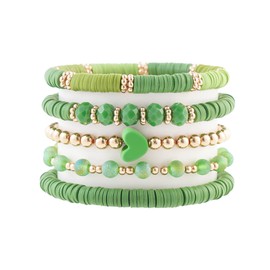 RISHEGAE St.Patrick's Day Bracelet Green Heishi Beaded Stretch Bracelets for Women Stackable Gold Polymer Clay Beads Bracelets Friendship Boho Summer Beach Bracelet Jewelry
