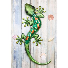 Ebros Gift Large Climbing Green And Orange Hue Lizard Gecko Wall Decor 18.5" Long Designer Copper Metal With Glass Home Decorative Wall Art Plaque Decor 3D