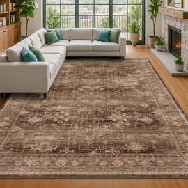 Hazo Haus Boho Taupe Brown Living Room Rug 8x10 - Modern Vintage Traditional Eclectic Oriental Neutral, Washable Low Pile Non-Slip Extra Large Area Rugs for Dining Under Table Bedroom Lounge
