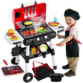 Kids Kitchen Toy Barbecue Grill Playset Cooking Interactive Toys with Smoke Sound Light Simulation Chef Apron Hat Little Chef Pretend Play Accessories Christmas Birthday Gift for Boys Girls