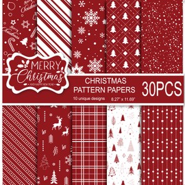 MIAHART 30 Sheets Merry Christmas Pattern Paper Set A4 Size 10 Designs Festival Decorative Craft Paper Double-Sided for Card Making Scrapbook, Red and White