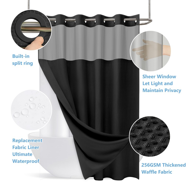PILOTSHARK No Hook Waffle Weave Shower Curtain Set with Snap-in