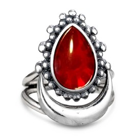 DALEGEM Red Crystal Quartz Stone Agate Onyx Ruby Garnet Crescent Moon Ring for Women,S925 Sterling Silver Ring Jewelry (Ring_Red, 7)