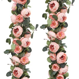 Floweroyal - Paquete de 2 guirnaldas de flores artificiales de 11.2 pies de eucalipto con flores, 8 cabezas de peonía, flores de vid de imitación para boda, arco de mesa, telón de fondo de pared, decoración de corona. (clásico Pink)