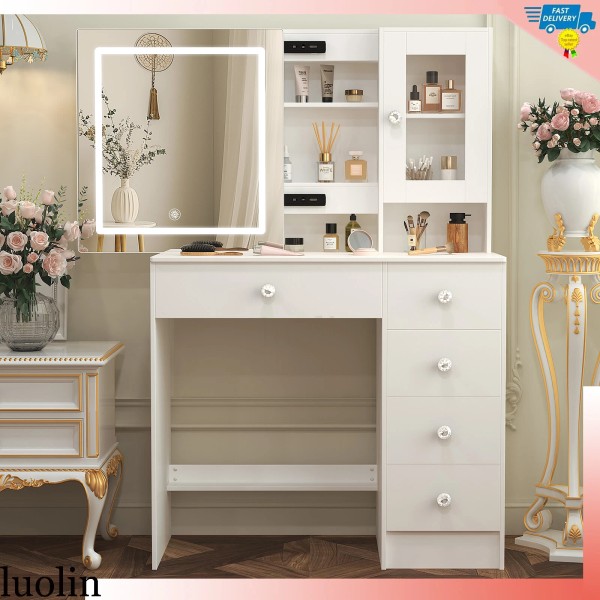 Yamissi Vanity Set with LED Lighted Sliding Mirror Makeup Dressing