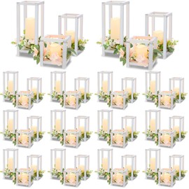Hushee 15 Set 45 Pcs Wooden Wedding Lantern Centerpiece Wooden Candle Lantern Set Rustic Lantern Candle Holder for Wedding Table Decoration Farmhouse Candle Lantern for Christmas Party (White)
