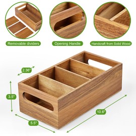 DRASTAR Pantry Organization and Storage Bins, Seasoning Packet Organizer with Removable Dividers,Wooden Storage Caddy for Kitchen, Pantry, Cabinet, Countertop, Acacia
