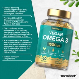 Vegan Omega 3 Capsules 1500mg | 60 Count | High Strength Source of DHA from Algae Oil | 450mg of ALA and 240mg of DHA Per Serving | 100% Vegan | by Horbaach