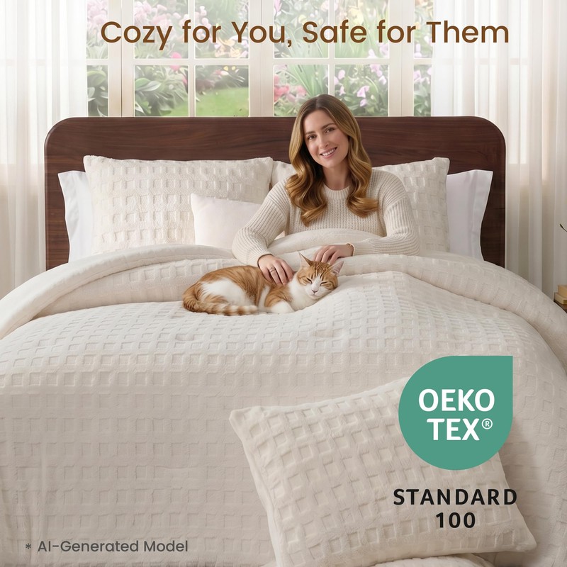 Amélie Home Plush Fleece Comforter Set Queen Size, Cream White