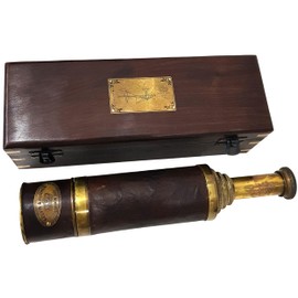 Antique Brass Leather Telescope Kelvin & Hughes London 1917 Nautical Functional Handheld Pirate Spyglass Vintage Collectible Wooden Box