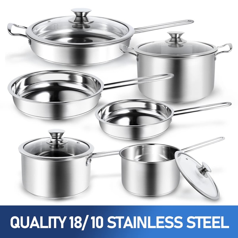 Aufranc 10-Piece Pots and Pans Set, Stainless Steel Cookware Set-