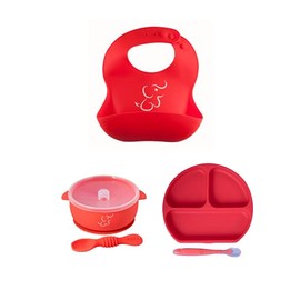 PAPU BABY Set de Alimentacion - 1 Babero, 1 Bowl con Tapa y 1 Plato de Divisiones (Rojo)