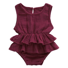 Kayotuas Newborn Infant Baby Girl Cotton Linen Romper Jumpsuit Sleeveless Skirted Bodysuit Tutu Dress Outfits Clothes (Wine red Sleevless, 12-18 Months)