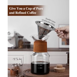 Pour Over Coffee Maker with Double-Layer Stainless Steel Filter, 20 oz Pour Over Coffee Dripper, Glass Carafe with Vintage Leather Collar and Cork Lid & Filter Stand for Espresso