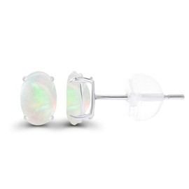 Solid 14K White Gold 6x4mm Oval Natural Opal October Birthstone Genuine Stud Earrings For Women