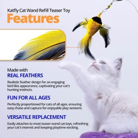 Kat Fly Cat Wand Refill Teaser Toy - Interactive Cat Wand Toy Attachment with Real Feathers - Bird (Yellow)