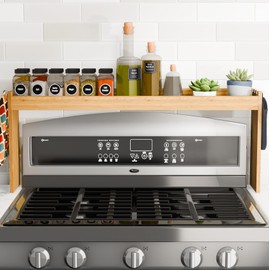 Edgecrest Bamboo Over The Stove or Sink Modern Spice Shelf, No Annoying Middle Screw, 31.5” Wide Storage, 11.4” High Countertop Shelf, 6 Side Hooks, Easy to Assemble, Eco-Friendly Durable Material