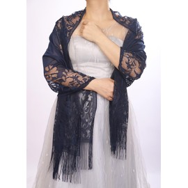 JWICOS Shawl Wraps for Women Floral Lace Tassel Scarf Shawl for Party Wedding Evening Dresses (Navy)