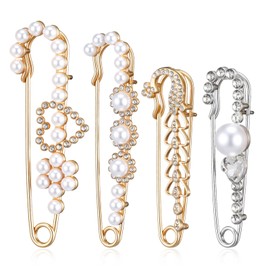 4 PCS Safety Pin Brooch, Faux Crystal Pearl Sweater Pin, Decorative Safety Pins for Clothing Dress Shirt Jeans Decoration