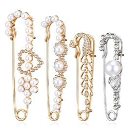 4 PCS Safety Pin Brooch, Faux Crystal Pearl Sweater Pin, Decorative Safety Pins for Clothing Dress Shirt Jeans Decoration