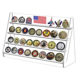 KOLUTI 4 Rows Challenge Coin Holder Display Stand, Solid and Clear Acrylic Military Coin Display Rack, Wall-Mount Firefighter Coin Case, Army Coin Shelves Gift for Collectors
