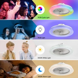 Breezary 18" RGB Ceiling Fan with Lights with Remote Control, Crystal Low Profile Ceiling Fans, Color Change, 6 Speed, Enclosed Bladeless Ceiling Fan Light with for Bedroom, Living Room