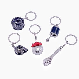 JY JUYU 5pcs in ! Gifts Key Chain Set:Turbo, Six Speed Manual Gearbox Stick Shift, Wheel, Red Brake Rotor, Mini Wrench,Auto Vehicle Metal Key chain Car Parts Keyring Auto Parts Keychains