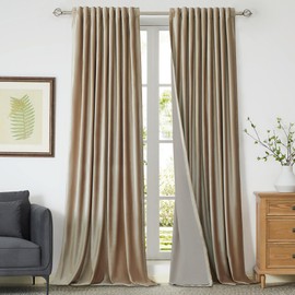 100% Full Blackout Champagne Beige Velvet Curtains 84 inch Long for Living Room,Set of 2 Liner Rod Pocket Back Tab Thermal Window Curtains Room Darkening Heavy Decorative Curtains Drapes for Bedroom