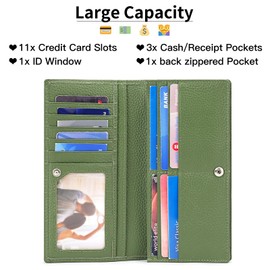 SENDEFN Women's Thin Wallet, Genuine Leather, Small Purse, RFID Protection, Thin Clutch for Women with 11 Card Slots and Zip Coin Compartment, A-Green, Modern