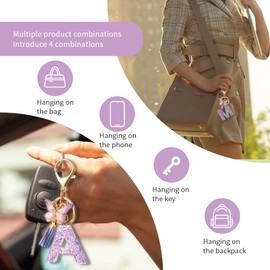 Gisqis Initial Letter Keychains for Women Girls Purple Keychain with Butterfly Purse Charms for Handbags Cute Tassel Keychain