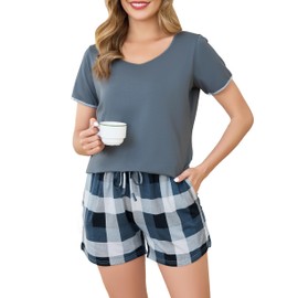 Vlazom Ladies Shorts Pyjamas Sets Soft Cotton Summer Women Pyjamas Set Solid Top and Plaid Shorts Sleepwear Loungewear with Pockets, Grey Blue, L