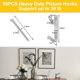 vsshe Pack of 50 Picture Hooks Silver, Hanger Sets for Pictures with Screws, Picture Hangers, Picture Hanging Hooks, Rustproof Metal Hooks for Picture Frames/Mirrors/Clocks, Wall Hook Set for Home