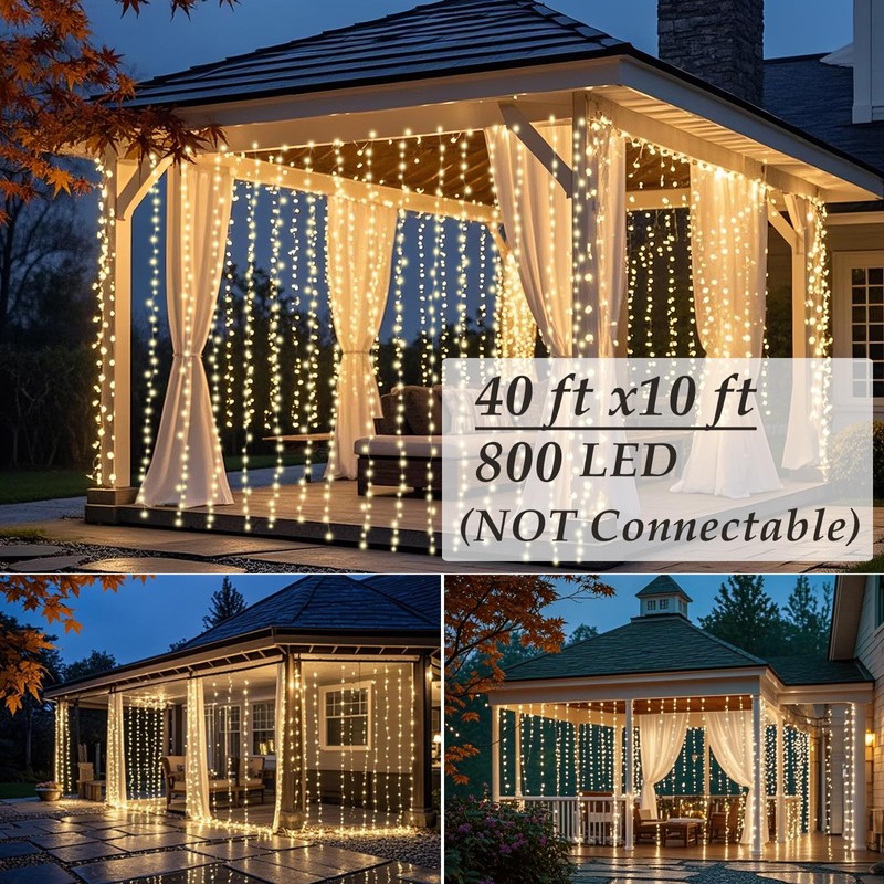 Solhice LED Curtain Lights Outdoor 40ft x10ft, 800 LED Plug