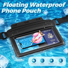JOTO Bolsa Impermeable Flotante para Celular, IPX8 Impermeable Riñonera Seca con Correa Ajustable para Cintura para Móvil Universal y Objetos Piezas Llaves para Playa Natación Kayak Náutica -Negro