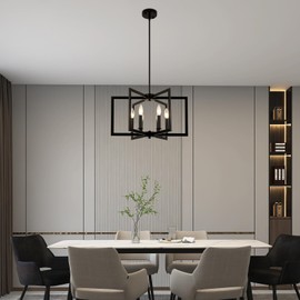 foucasal 6-Light Black Chandelier Dining Room Light Fixture Geometric Metal Modern Industrial Pendant Lights Kitchen Island, Farmhouse Chandelier Lighting for Entryway Stairway Foyer Hallway