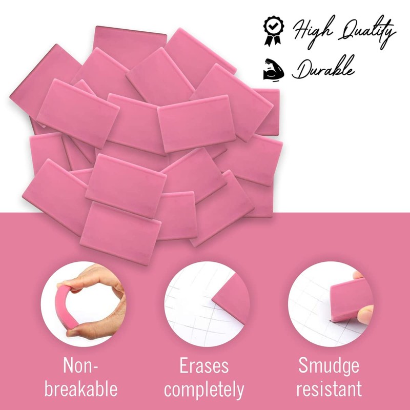 Pink Erasers, 40 Count, Latex Free Eraser for Kids, Square