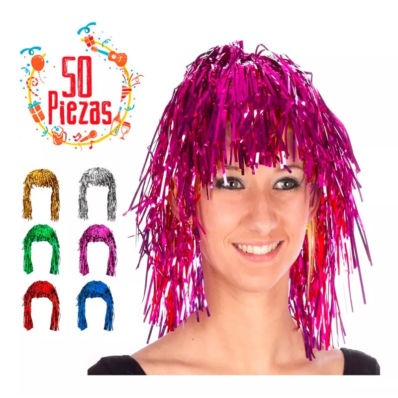 Lecute 50 Pelucas Metalicas Papel Fiesta Batucada Rave Antro Disco