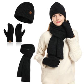 INSISMY Women's Hat Scarf and Touchscreen Gloves Set for Women Winter Warm Long Scarf Fleece Lined Beanie Skull Cap, black