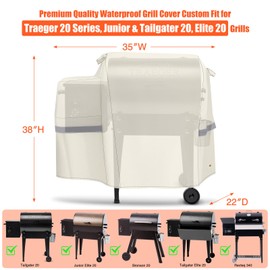 QuliMetal Grill Cover for Traeger 20 Series, Junior & Tailgater 20, Elite 20 Grills, Heavy Duty Waterproof Full Length Grill Cover, 600D, Beige