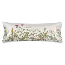 Silk Satin Body Pillow Cover for Hair and Skin Floral Long Pillow Case Protector with Envelope Closure,Wild Flower Plant Vintage Florals Herbs and Botanical Soft Cushion Covers for Bed,20"x54",Beige