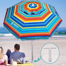 AMMSUN Beach Umbrellas for Sand Heavy Duty Wind Portable, 6.5ft Outdoor Umbrella with Sand Anchor and UV Protection, Parasols Includes Carry Bag for Beach, Patio, and Garden, Yellow Stripes