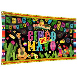 Cinco de Mayo Banner, Large Fabric Mexican Backdrop Decorations, Sign Photo Booth Backdrop Background for Party Supplies, 78" x 43"