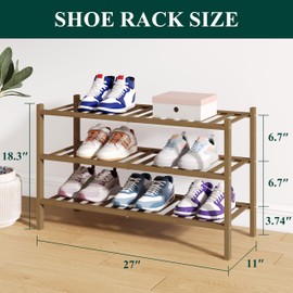 Smiry Bamboo Shoe Rack for Closet, 3 Tier Wooden Stackable Shoe Organizer, Free Standing Shoes Storage Shelf for Entryway, Front Door Entrance, Walnut