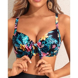 Women Black Floral Underwire Bikini Swim Top - Push Up Knot Front Swimsuit Top 2025 Bathing Suit Bra Top XXL