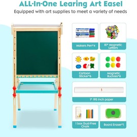 Children's Art Easel with Paper Roll,Double-Sided Whiteboard&Chalkboard,Adjustable Magnetic Standing Easel with Numbers and Other Accessories,Painting Easel for Girls Boys