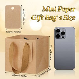 Kolldenn 100 Pcs Small Brown Gift Bags with Handles 4"×4"×4" Mini Kraft Paper Square Gift Bags Bulk with 100 Blank DIY Tags for Wedding Birthday Graduation Shopping Business Party