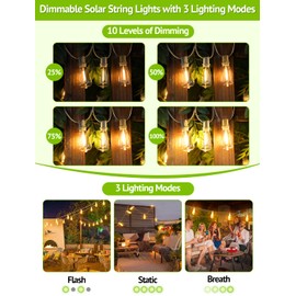 Larkvue 96FT(2x48FT) Solar Outdoor String Lights with Remote & Timer, Waterproof Dimmable Patio Lights with 36+2 ST38 LED Bulbs for Garden Deck-White